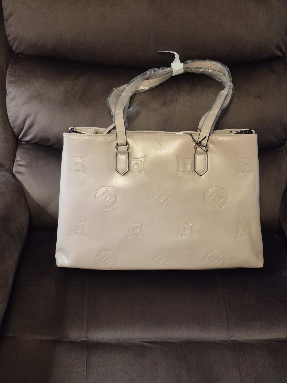 Embossed Leather Tote Bag in Light Beige